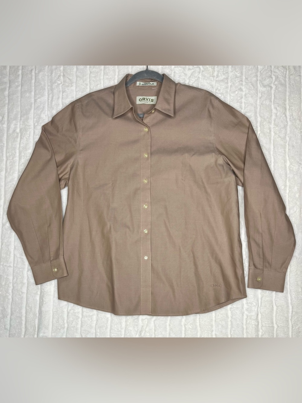 Orvis Womens 16 Taupe Tan 100% Cotton Wrinkle Free Button Down Shirt Long Sleeve